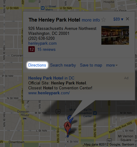 Google maps screenshot of The Henley Park Hotel, Washington, D.C.. Pop-up box, "Directions" highlighted.