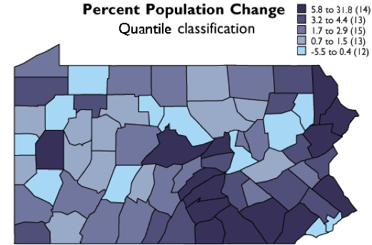 The five quantile classes mapped on Pennsylvania. More in text below. 