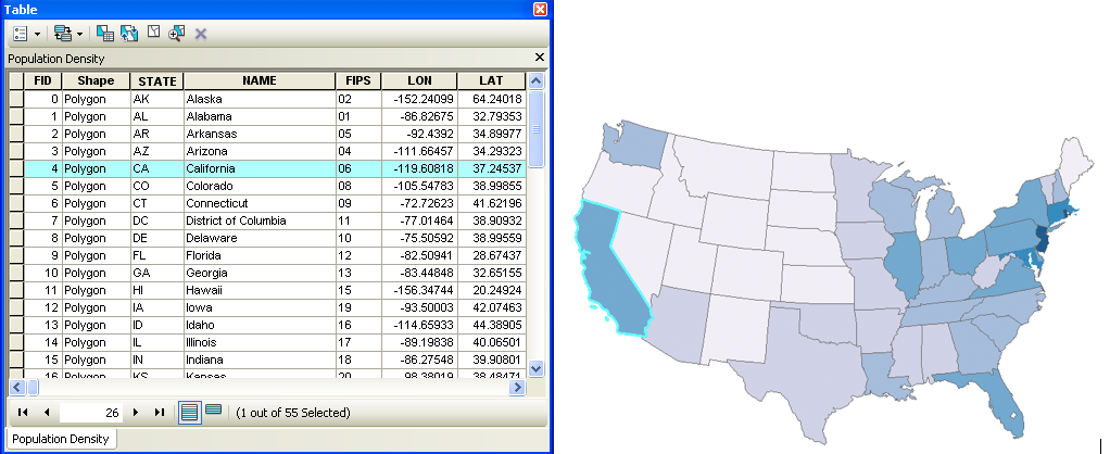 Screenshot of an attribute table and a linked map in ESRI’s ArcMap. More in text above. 