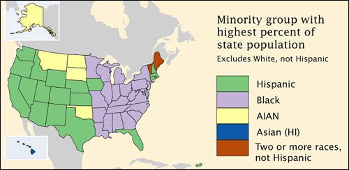 Highest percent minority group by state. Western majority is Hispanic, Eastern minority is black. More in text above.