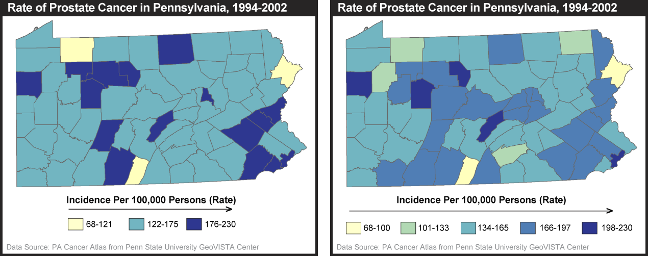 Rate of Prostate Cancer per 100,000 persons in PA maps. Map on right with 5 classes is much more specific