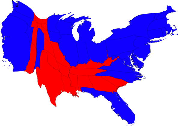 Cartogram of election results. South=majority red (except FL), West, some of center North, North East=majority blue, 