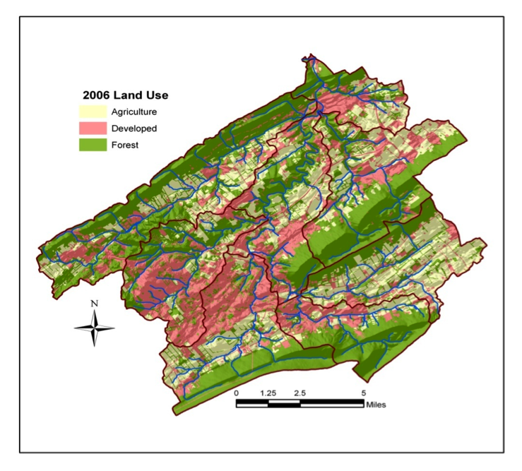 Map of land use in the Spring Creek Watershed in central Pennsylvania. Developed land (pink) surrounded by forest (green).