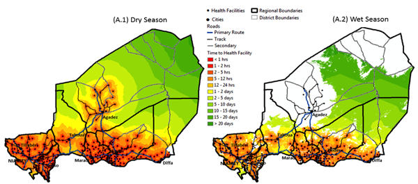 Maps Visualizing the Travel Time to Reach a Health Facility in Niger for dry and wet season. More in caption.