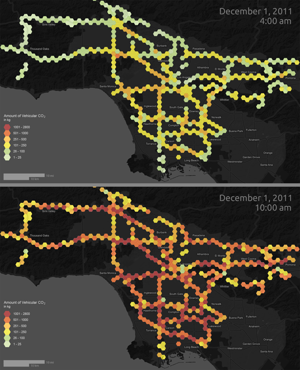  A Temporal Comparison of Vehicle Emission in Los Angeles on December 1, 2011. More in text description below.