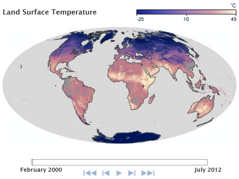 Global Land Surface Temperature Map. More in caption and text above. Follow link in Credit for interactive map.