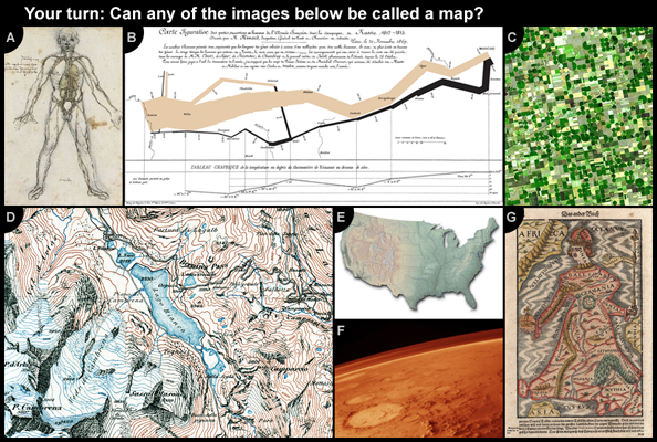 Image of the human body, the path of Napoleaon’s march, a satellite image from NASA, depiction of Bernina Pass, image of The United States, NASA depiction of Mars, image of Europa Regina.