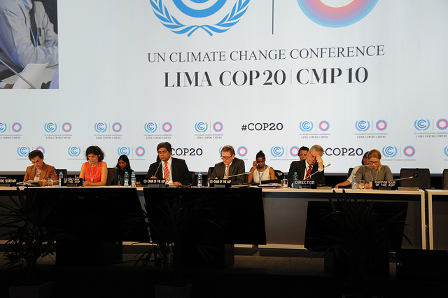 Men and women talking at the UN Climate Change Conference in Lima