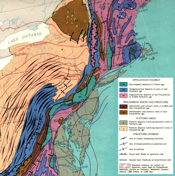 Map of Appalachian Foldbelt. Different ages and stages of compression 