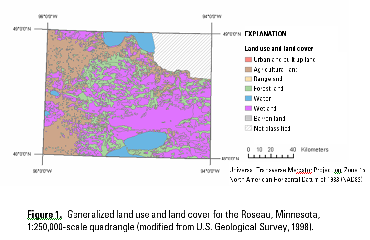 Generalized land use &  land cover for the Roseau, MN. Top 3 uses: agriculture, wetland, and water