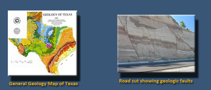 Two images side by side. Left: general geology map of Texas. Right: road cut showing geologic faults-horizontal layers in rocks