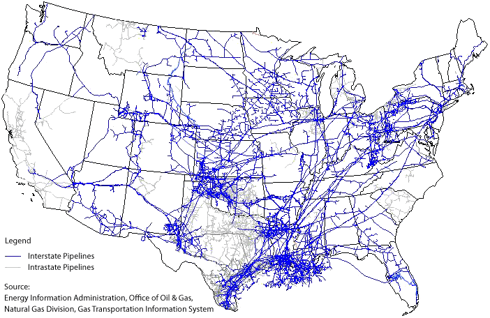 US map of oil, gasoline, & natural gas pipelines. Most lines in Oklahoma, Louisiana and Texas, spreading to the East & Central US