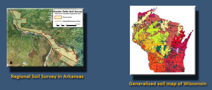 Two images side by side. Left: map of regional soil survey in Arkansas. Right: generalized soil map of Wisconsin.