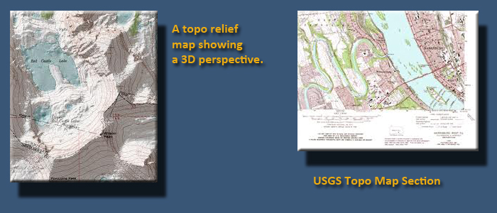 Two images side by side. Left: topographic relief map showing a 3D perspective. Right: USGS topographic map section.