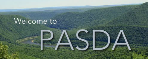 PA mountains with "Welcome to PASDA" (Pennsylvania Spatial Data Access) overlaid.