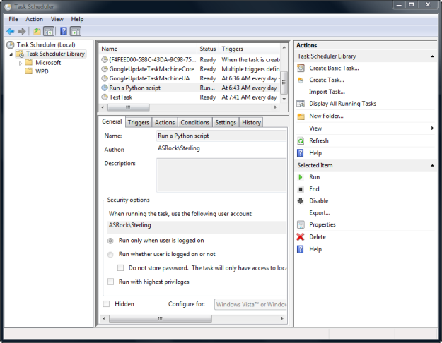 Screen capture of the Windows Task Scheduler