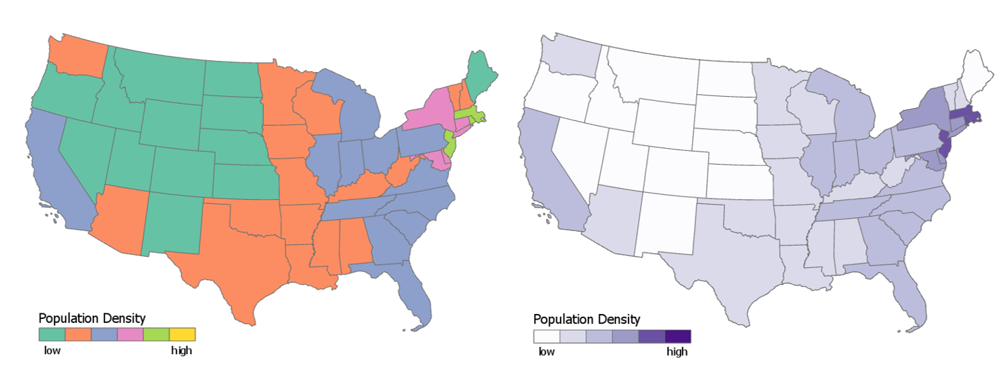 comparison of two types of choropleth maps: multi-hued categorical and single-hue sequential