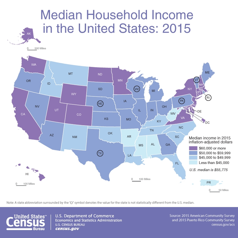 Color coded US map: median houshold income in 2015; states are shown in shades of pale blue to purple representing various income levels.