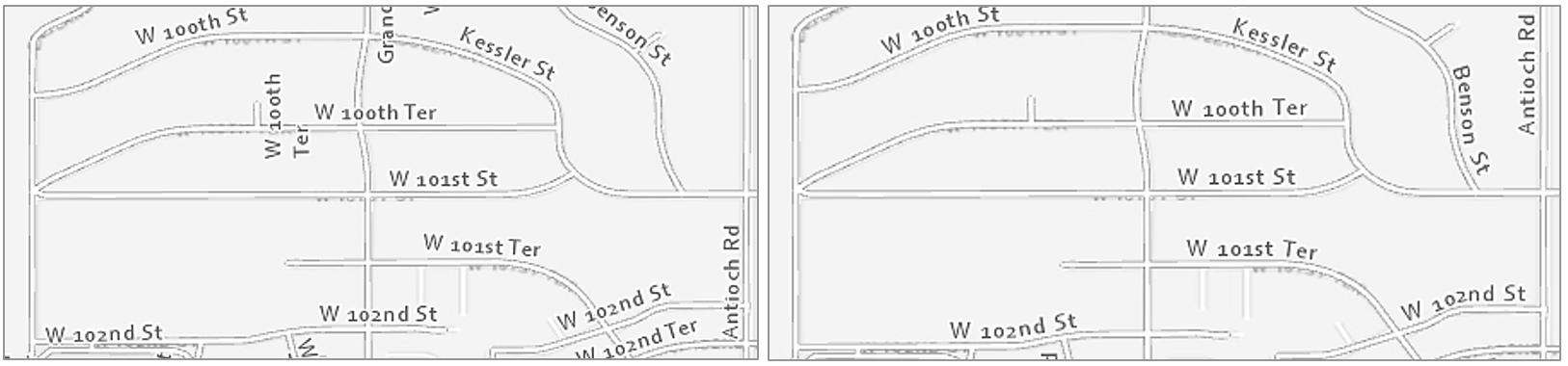 two map examples showing inferior and improved street label placements, see text above