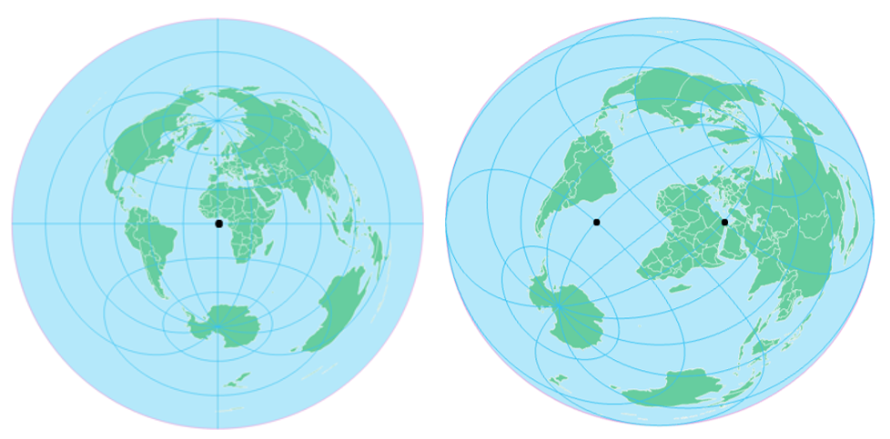 azimuthal equidistant (left); two-point equidistant (right), see surrounding text