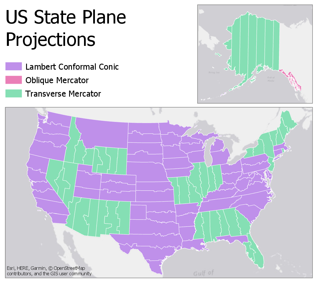 Projections used in US State Plane Reference Systems: Lambert Conformal Conic, Oblique Conformal Conic, Transverse Mercator, see text below