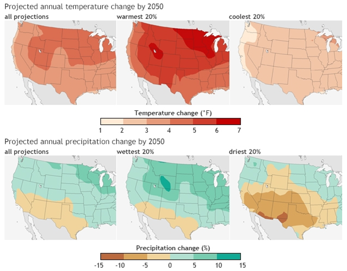 map depicting projected annual temperature change by 2050, see text below