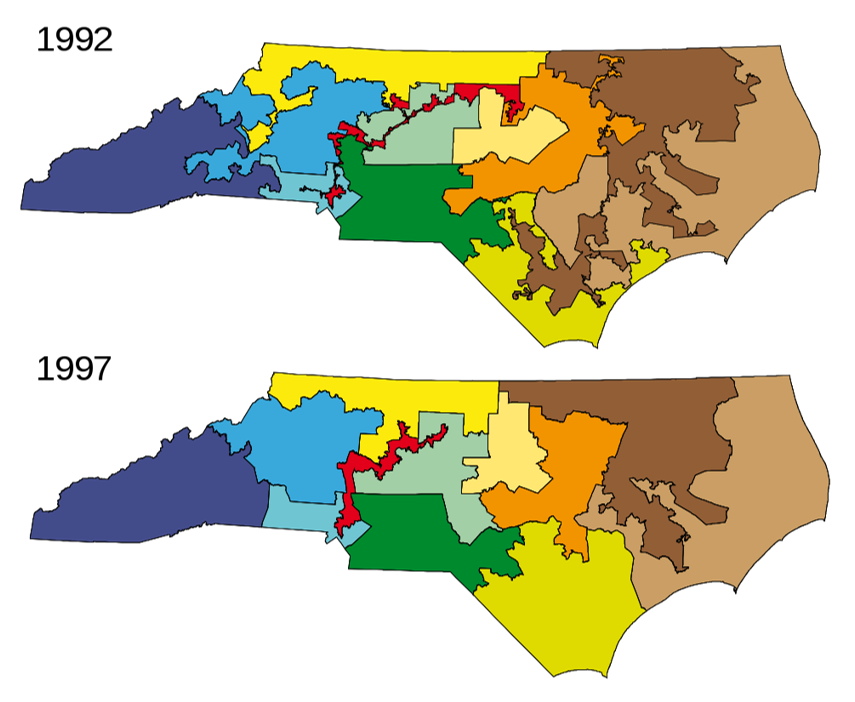 North Carolina Congressional Districts 1992-2001, side by side map comparison example