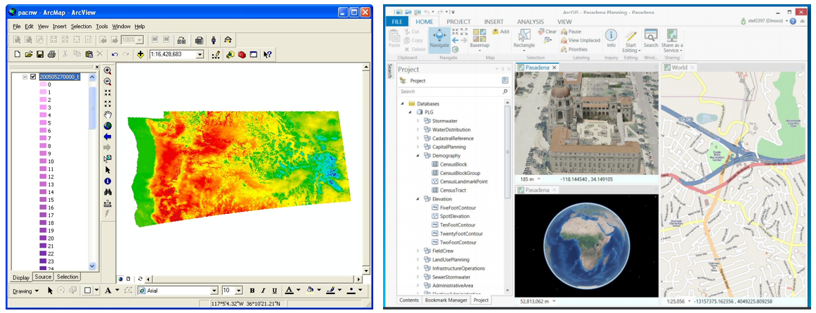 side by side images of ArcMap and ArcGIS Pro