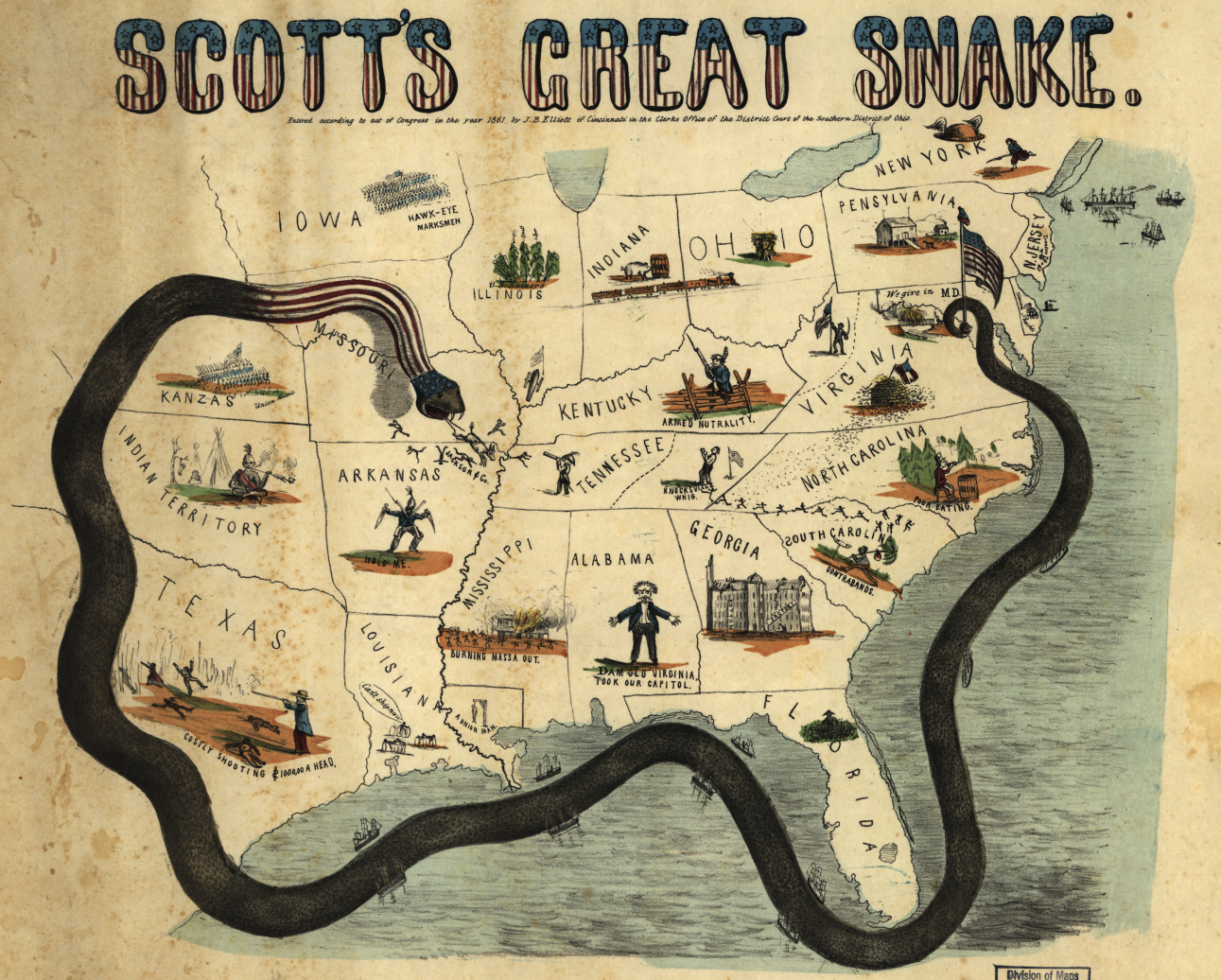 US map from the Civil War: Scott's Great Snake, see text above