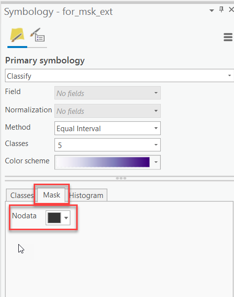 Screenshot of Primary Symbology. Under mask tab, Nodata is black