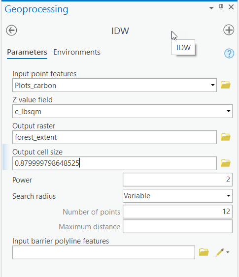 Screenshot Geoprocessing IDW parameters window 