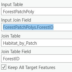 Settings. Input table: ForestPatchPoly. Input Join Field: Habitat_by_Patch, Join Table: PatchGeometry, Join Table Field: ForestID