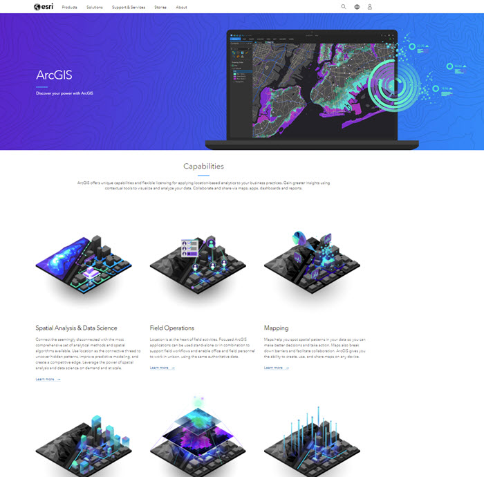 Esri.com screenshot showing colorful images of ArcGIS Pro
