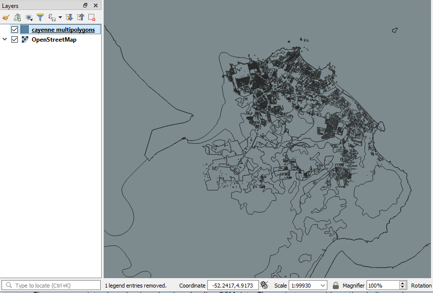 Screen Capture: Cayenne OSM polygons in QGIS