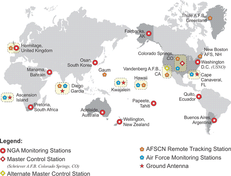 Map showing the control stations and types around the world.