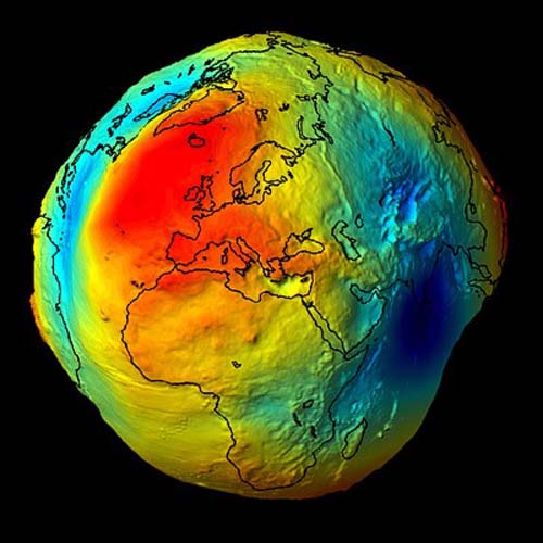 Image showing the variation of the direction of gravity on the globe (the globe is centered on Mediterranean Sea)
