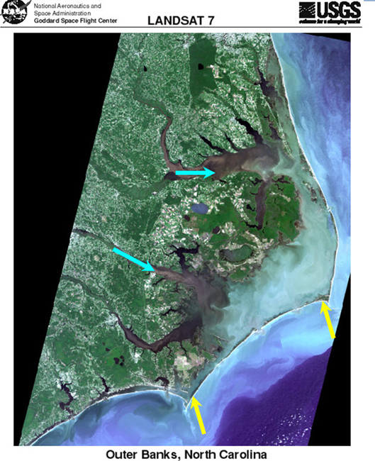 Satellite image of North Carolina, showing streams that deliver sand and barrier islands made from that sand.