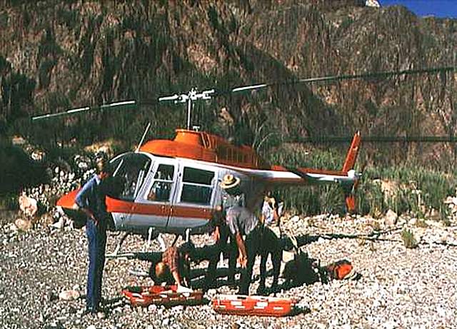 rescue helicopter at the bottom of the grand canyon.