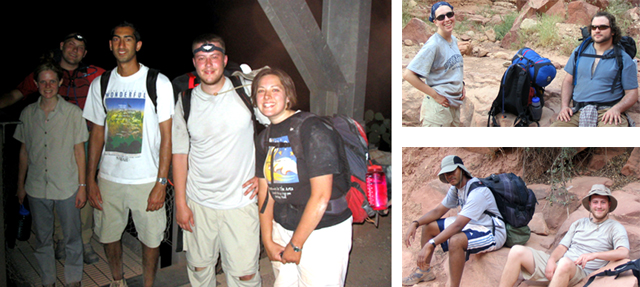 Three pictures of students at Silver Bridge, bottom of the Grand Canyon.