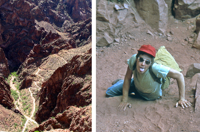 Two pictures.  1.  Looking down onto the South Bright Angel Trail.  2.  A student climbing up a steep part of the trail.