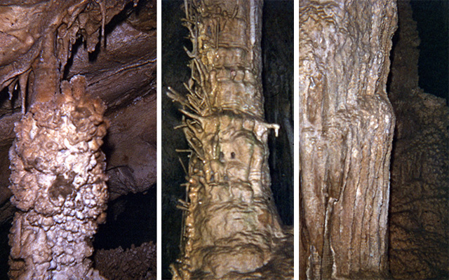 Three pictures of cave formations, Lehman Cave.  1. Popcorn on column 2. Helectites on colum 3. flowstone