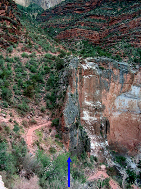 Pulverized rocks of a vertical fault zone where the S. Bright Angel Trail crosses the Bright Angel Fault.