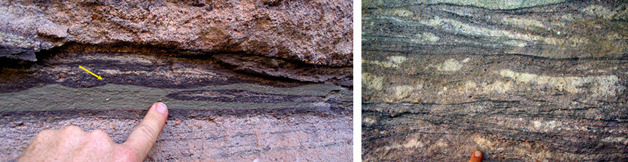 Sedimentary layers in the Tapeats Sandstone show cross bedding and ripple marks.