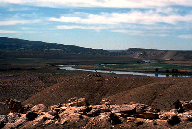 The green river in Dinosaur National Monument.  The river is winding through the landscape.