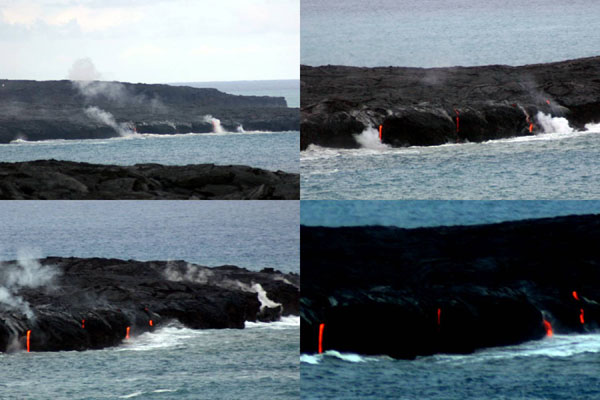 Lava flowing out of tubes in the rock into the sea