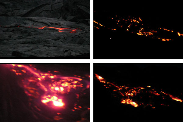 Glowing lava, approx. 30 feet (lower left) to approx. 100 feet across (others).