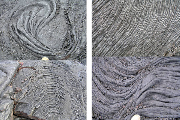 Hardened lava tongues (pahoehoe).  Four pictures showing different flow patterns.