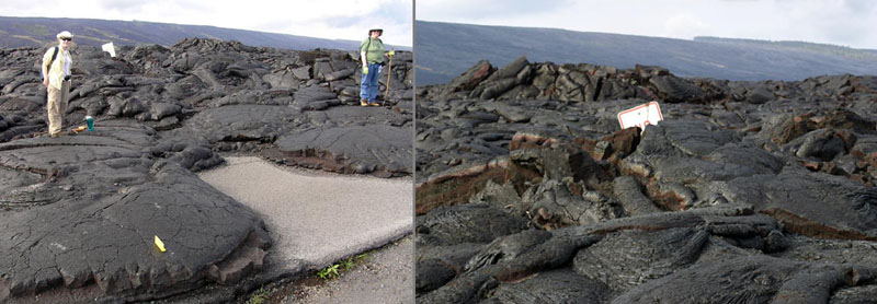Karen (left) and Cindy Alley along the former Chain of Craters Road.  A ‘no parking’ sign is buried in the lava.
