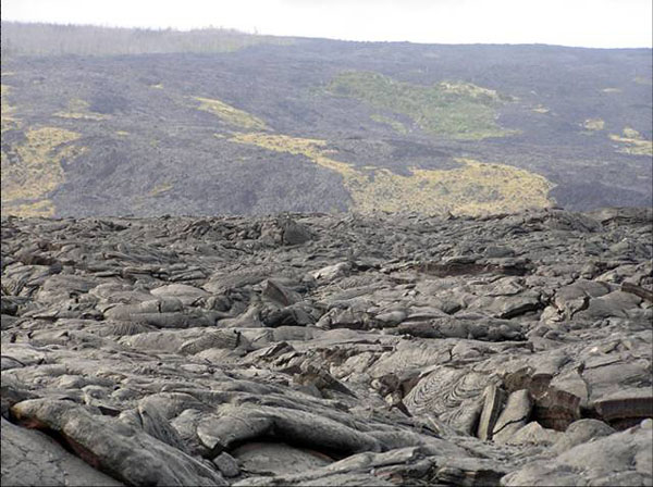The trail to the active lava showing Pahoehoe.