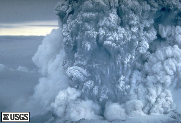 Plume of ash erupting from the mountain.